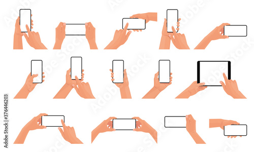 
Big set of hands holding the black smartphone with blank screen and modern frameless design. Template vector illustration on isolated background. 