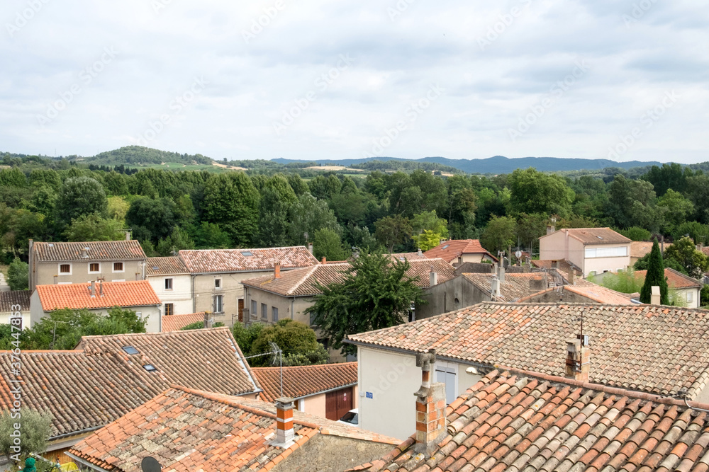 The roofs of historic downtown of Carcassone, France and the medieval castle - Cité de Carcassonne