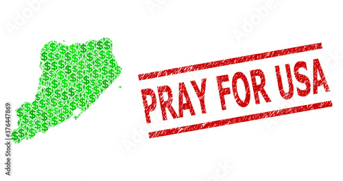 Green dollar and men mosaic map of Staten Island and corroded stamp. Stamp includes PRAY FOR USA tag between parallel lines. Mosaic map of Staten Island designed with green dollars,