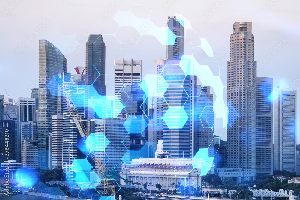 Abstract technology icons hologram over panorama city view of Singapore, Asia. The concept of people networking and connections. Double exposure.