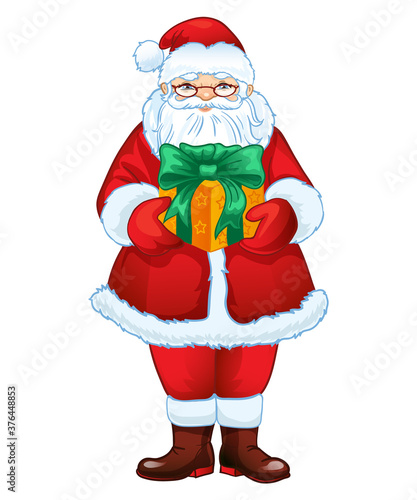 Santa Claus with a gift. Funny New Year character on a white background. (ID: 376448853)