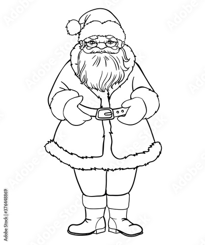 Santa Claus with a gift. Funny New Year character. Outlined for coloring book. (ID: 376448869)