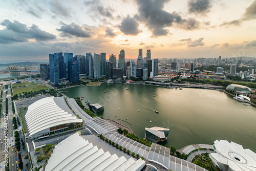 Aerial view of Marina Bay and skyscrapers at sunset, Singapore