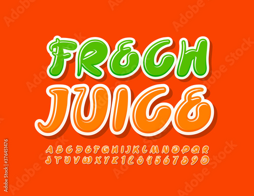 Vector tasty logo Fresh Juice. Orange handwritten Font. Bright Alphabet Letters and Numbers set