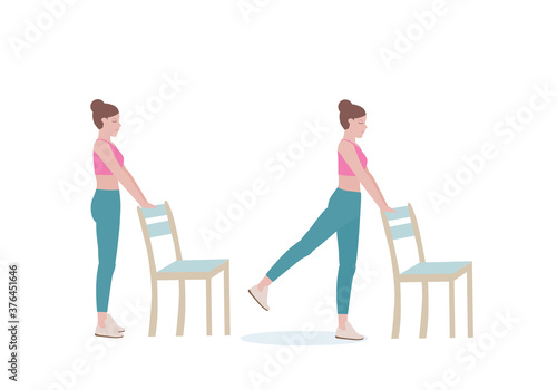 Exercises that can be done at-home using a sturdy chair.
with Back Kicks posture. Illustration in cartoon style.