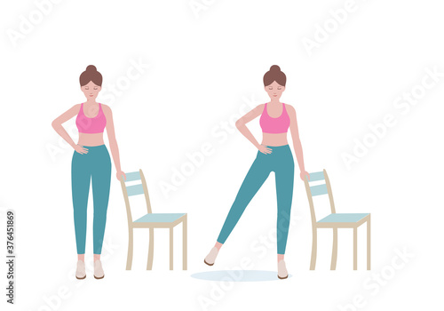 Exercises that can be done at-home using a sturdy chair.
Stand adjacent to a chair  Lift one leg and keep the other and hold it in that position for 5-10 seconds with Side Leg Raise. Cartoon style.