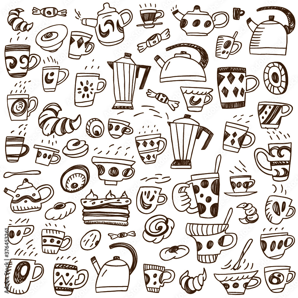 coffee, tea cups and sweets - doodles set