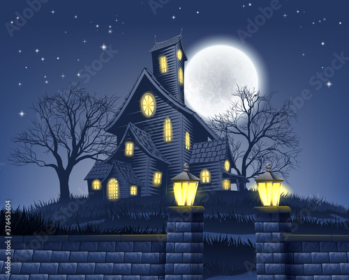 A haunted house Halloween background with a full moon