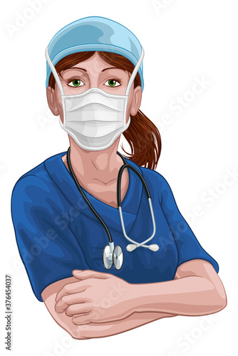 A female doctor or nurse woman medical healthcare professional in scrubs uniform character with arms folded and serious but caring look. Wearing face mask PPE