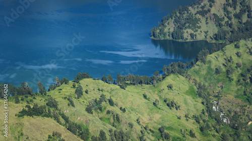 Blue Lake Segara Anak, Mount Rinjani, in bird's eye view