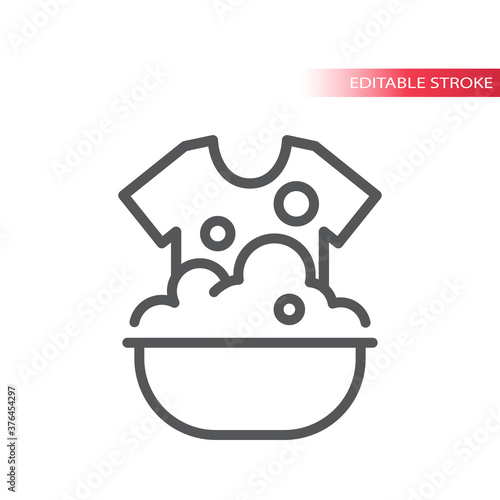 Hand washing thin line vector icon. T-shirt in basin or sink with soap bubbles outline symbol, editable stroke.