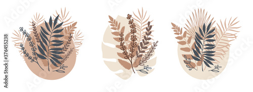 Set of abstract pastel leaves bouquet. Isolated big leaves, fern, palm, vector spot on a white background. Tropical flat design for websites, cards, invitations