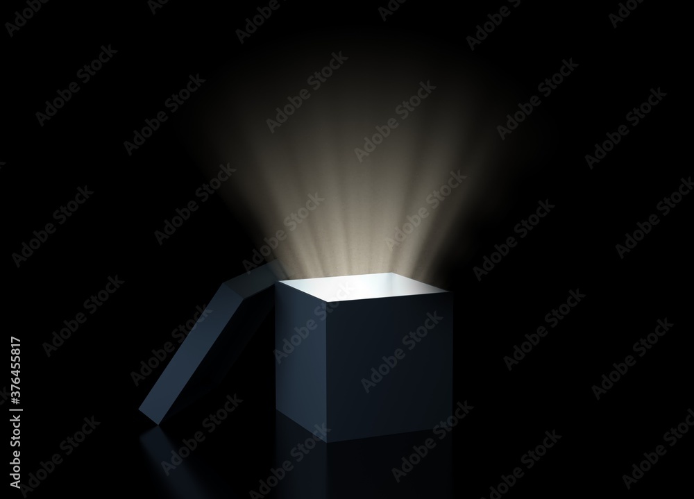 Magic box with glowing light over black background, exploration, idea or discovery concept - obrazy, fototapety, plakaty 