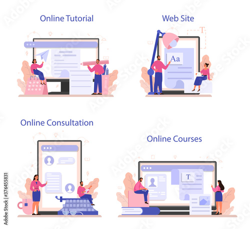 Copywriter online service or platform set. Idea of writing texts,