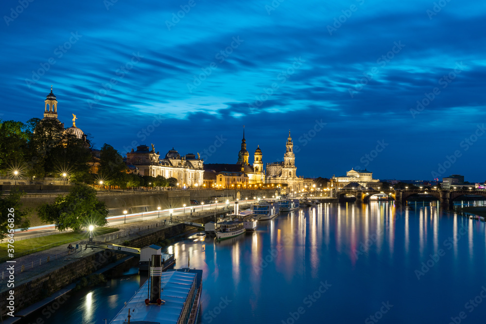 view of the Saxon capital city Dresden and the Elbe River at night