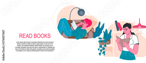 Banner for books reading  with people are passionate about reading books.  Template of flyer for literature club, fair or books festival event, flat vector illustration.