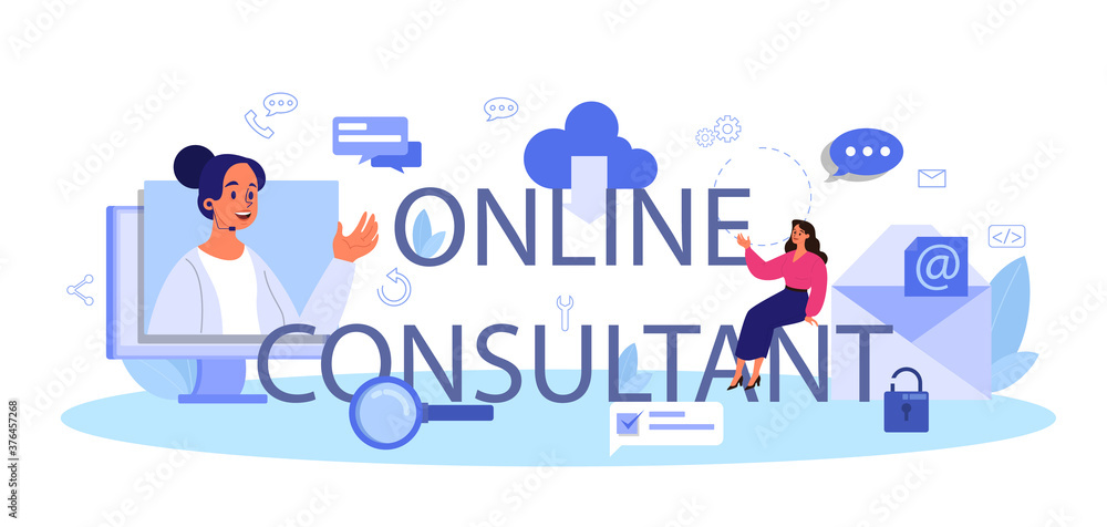 Online consultant service typographic header. Research and recommendation Online consultant service typographic header. Research and recommendation
