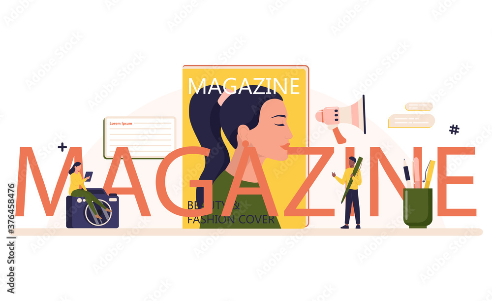 Magazine typographic header. Journalist and designer working Magazine typographic header. Journalist and designer working