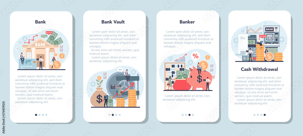 Banker or banking mobile application banner set. Idea of finance income Banker or banking mobile application banner set. Idea of finance income