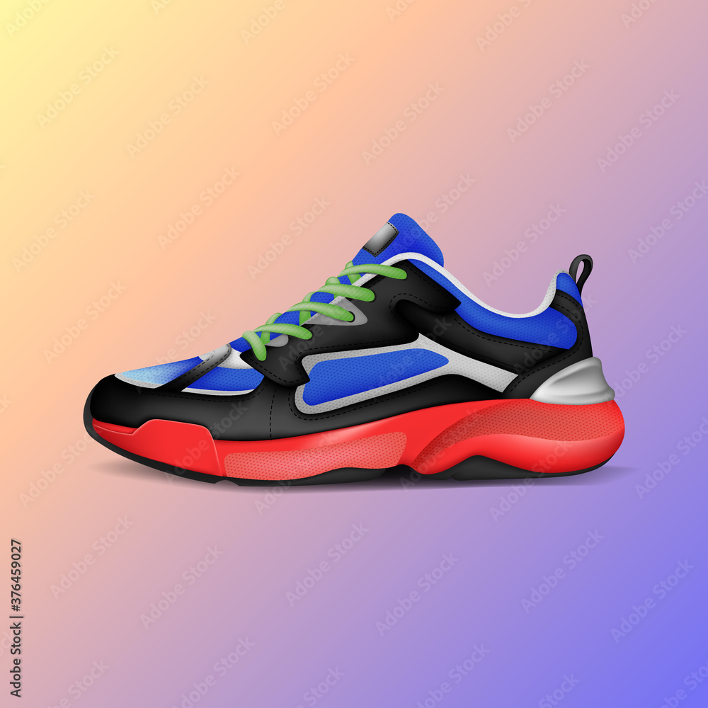 Realistic sport running shoe for training and fitness on white background, trendy sneakers, vector illustration Realistic sport running shoe for training and fitness on white background, trendy sneakers, vector illustration