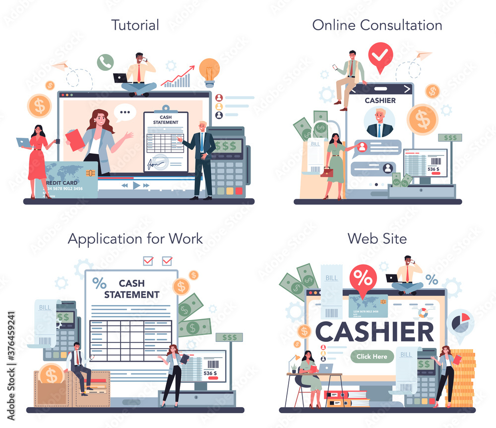 Cashier online service or platform set. Worker behind the cashier