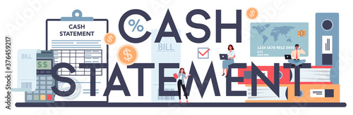 Cash statement typographic header concept. Worker behind the cashier