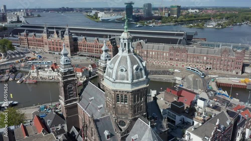 Circling Top of Basilica of Saint Nicholas, Amsterdam, Aerial Drone photo