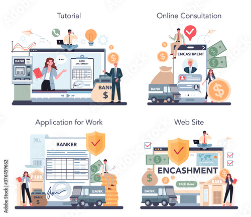 Encashment online service or platform set. Armored cash truck