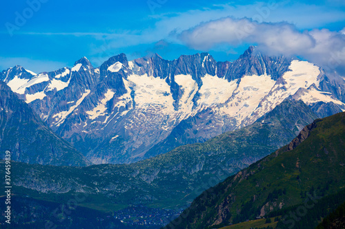 View of slopes and top of mountain Aiguille Verte. Western Alps. France