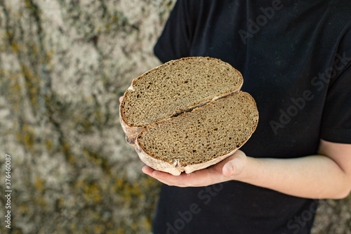 bread rye black fresh malt baked goods, take a loaf of bread serving size natural top view place copy space for text