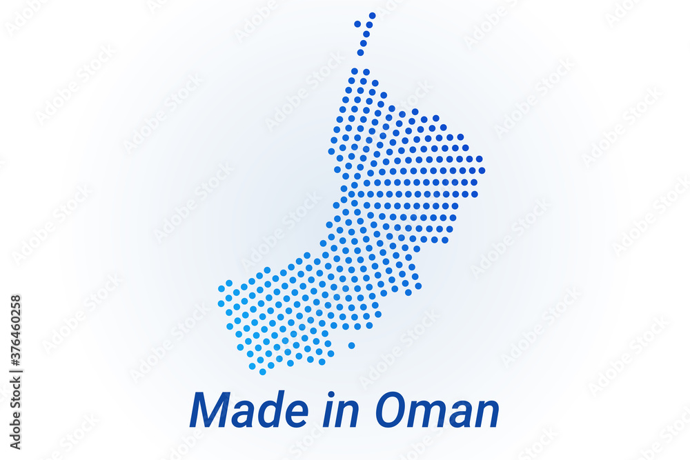 Map icon of Oman. Vector logo illustration with text Made in Oman. Blue halftone dots background. Round pixels. Modern digital graphic design.