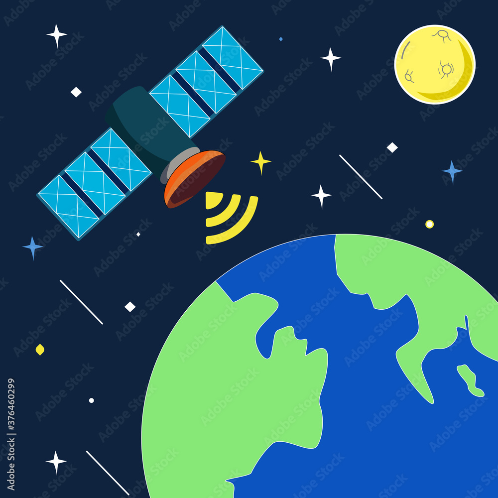 The Satellites flying above Earth planet.  Communications in space.
Vector illustration