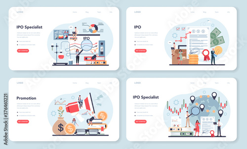 Initial Public Offerings specialist web banner or landing page set. IPO
