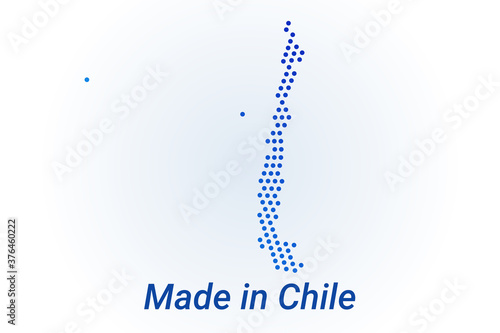 Map icon of Chile. Vector logo illustration with text Made in Chile. Blue halftone dots background. Round pixels. Modern digital graphic design.