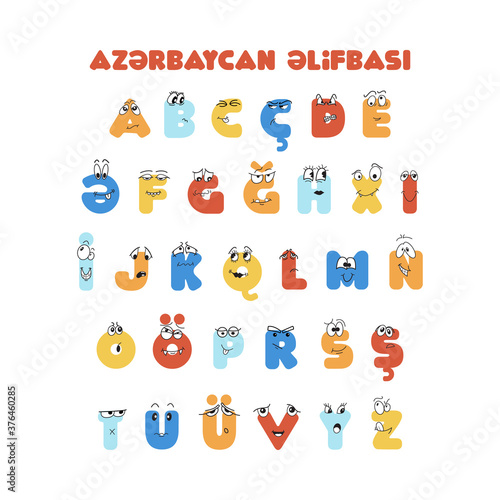 Azerbaijani colorful alphabet for kids education with cute characters. Poster, banner for preschool, school, kindergarten, lesson, home education