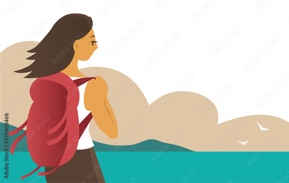 Young woman with a backpack on the background of the seascape. Travel and tourism. Vector illustration with place for text.