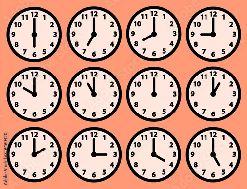 Clock icons set with different time. Round dial with hour and minute hands and numerals. Vector isolated illustrations.