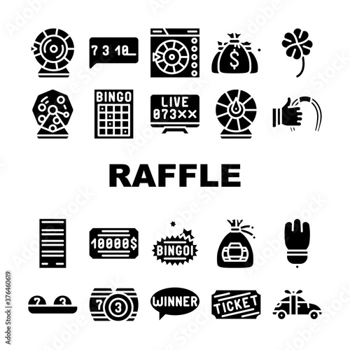 Raffle Lottery Game Collection Icons Set Vector