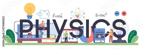 Physics school subject typographic header. Scientist explore electricity,