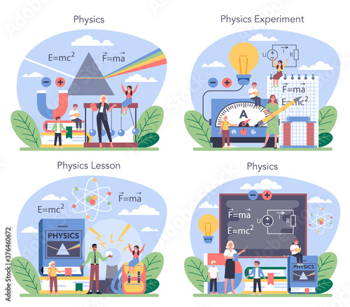 Physics school subject concept set. Scientist explore electricity