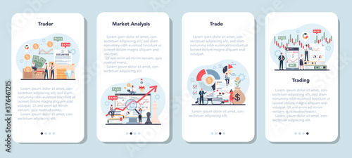 Trader, financial investment mobile application banner set. Buy, sell
