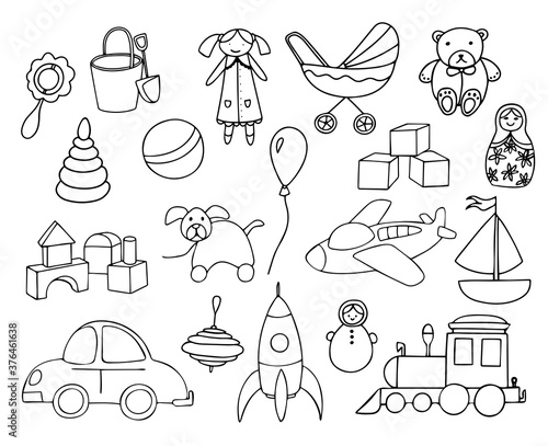 Toys collection isolated on white background. Set of toys for kids. Vector hand drawn illustration