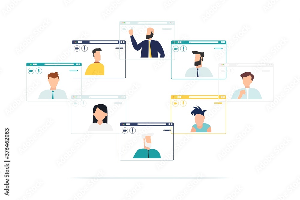 Remote work with a business meeting via video conferencing. Combining teams through online Vector Remote work with a business meeting via video conferencing. Combining teams through online Vector
