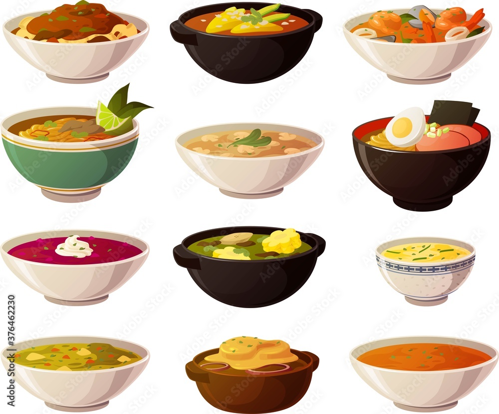 Vector illustration, of various international soups and stews in colorful bowls isolated on white background Vector illustration, of various international soups and stews in colorful bowls isolated on white background