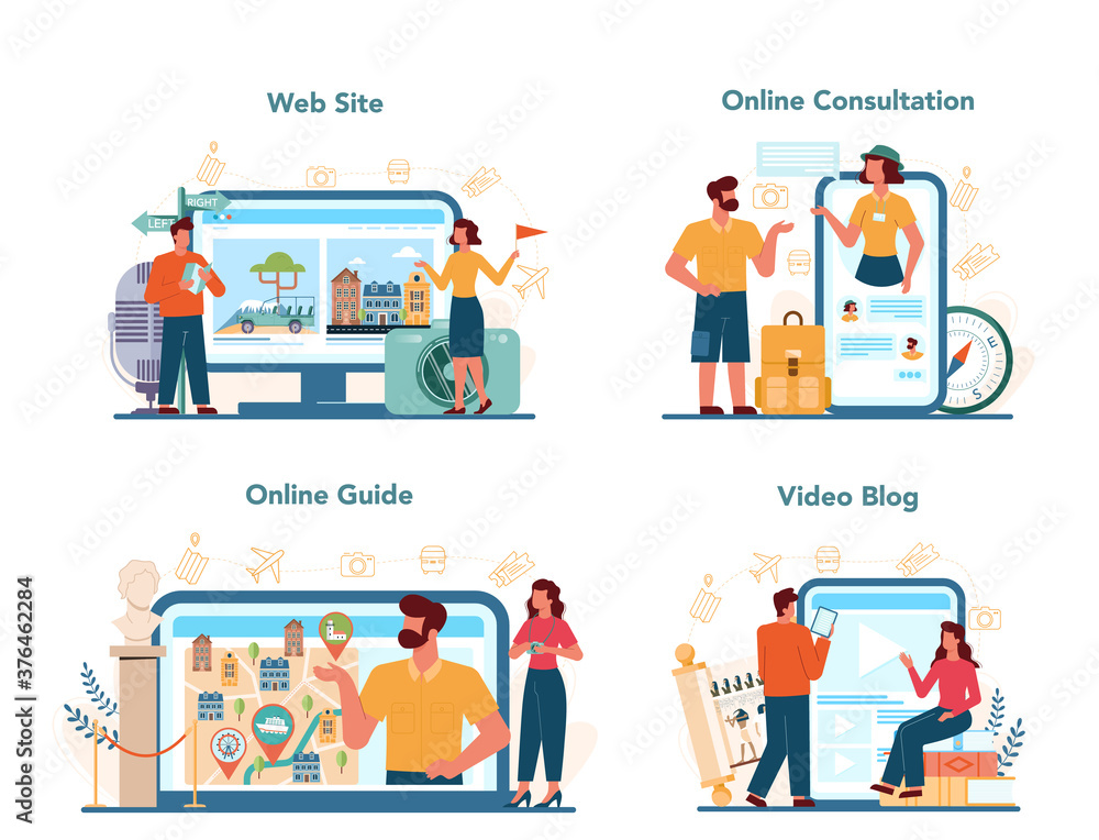 Tour vacation guide online service or platform set. Tourists listening Tour vacation guide online service or platform set. Tourists listening