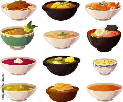 Vector illustration, of various international soups and stews in colorful bowls isolated on white background