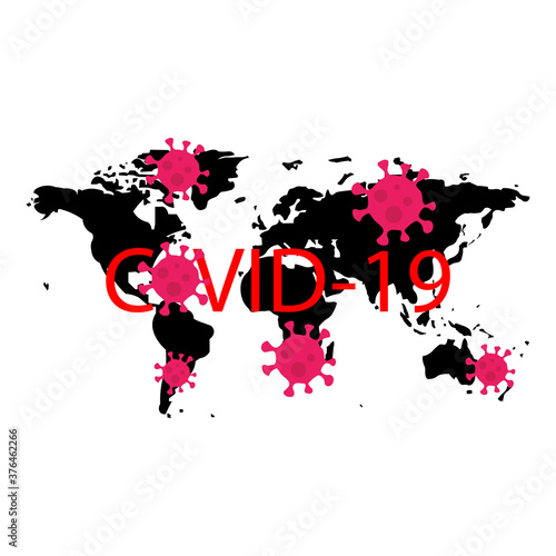 World map flat sign icon and coronavirus bacteria signs and inscription covid-19. Vector illustration eps 10