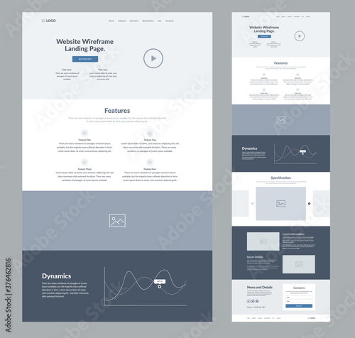 Website landing page design for business. One page site wireframe layout template. Modern flat UX/UI site development. Responsive web page design concept.