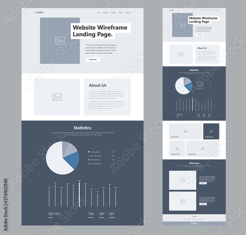 Website landing page design for business. One page site wireframe layout template. Modern flat UX/UI site development. Responsive web page design concept.