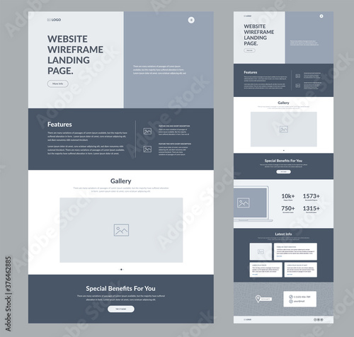Website landing page design for business. One page site wireframe layout template. Modern flat UX/UI site development. Responsive web page design concept.